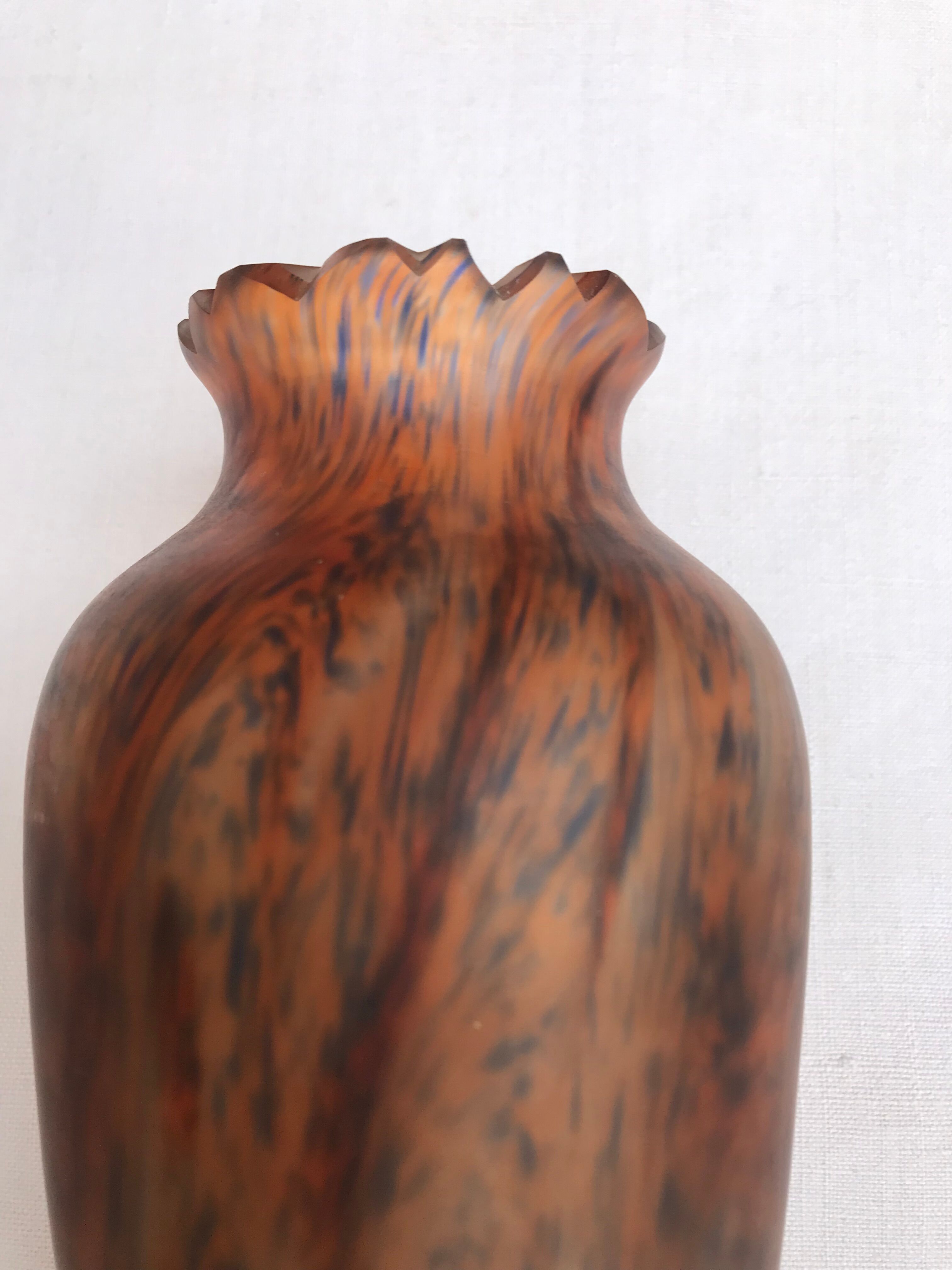 Orange / blue marble vase (signed?) old glass paste