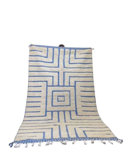 Sky Blue Boujaad Rug – Handmade Moroccan Wool Rug with Bold White Geometric Patterns