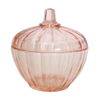 Bonbonnière en verre rose, verre moulé
