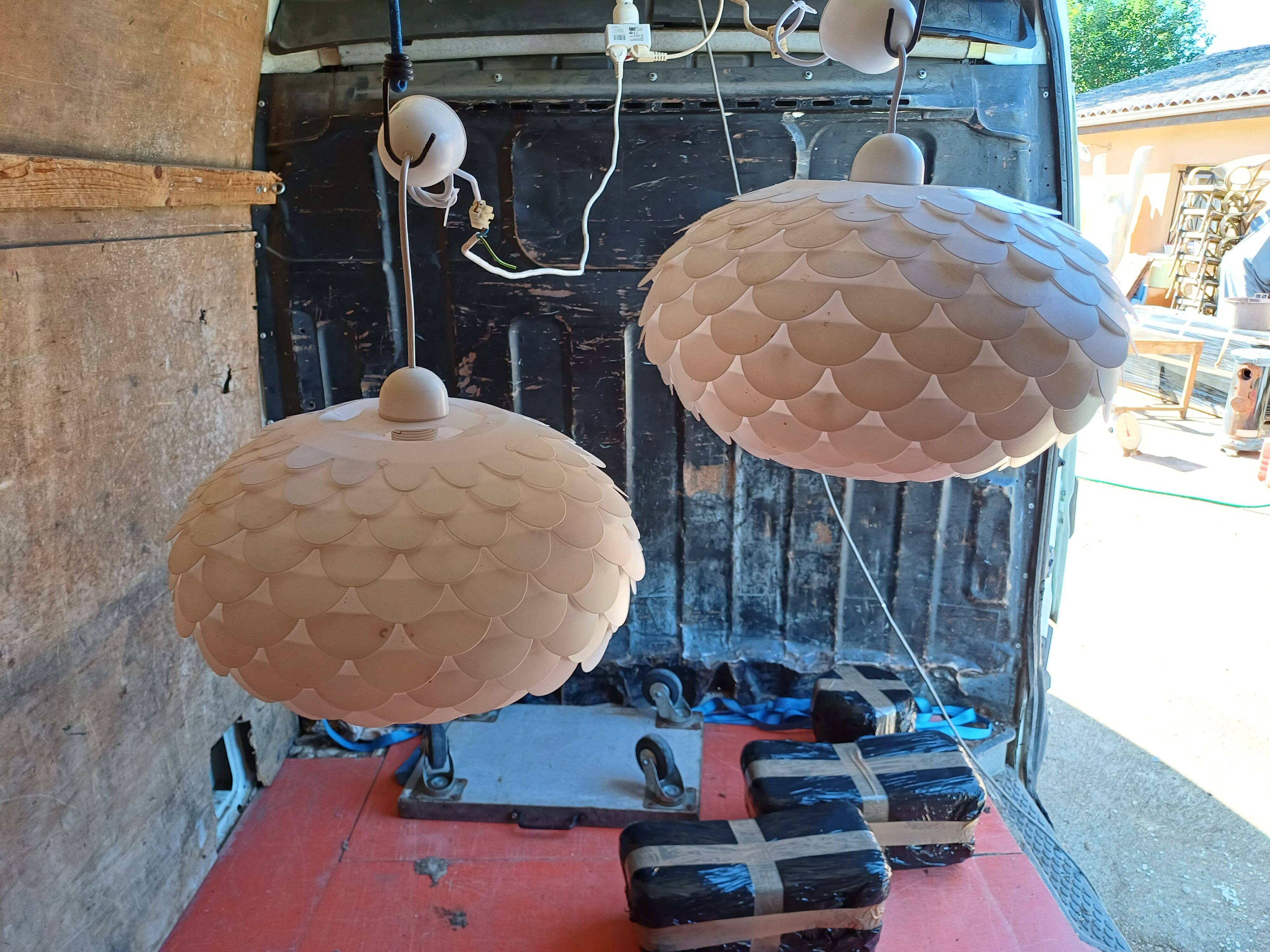 Pair of vintage white plastic pendant lights
