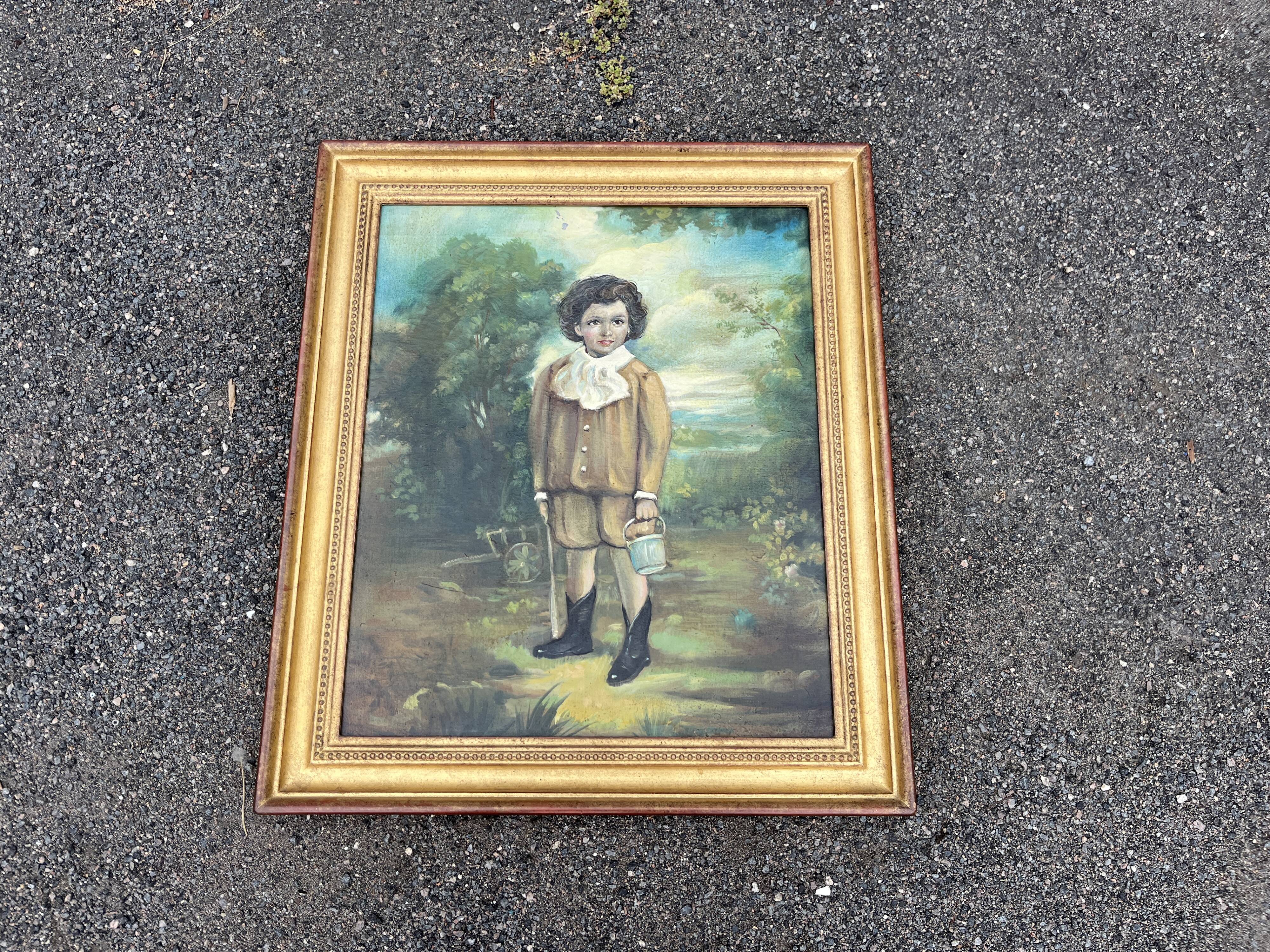 Tableau, huile sur panneau encadrée, portrait enfant au jardin style anglais, XIXe
