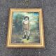 Tableau, huile sur panneau encadrée, portrait enfant au jardin style anglais, XIXe