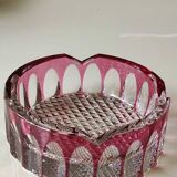 Large Val St-Lambert Ashtray/Vacuum Bin. Cranberry. Oval/Cross-hatched Patterns. Diam 15.5 cm