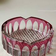 Large Val St-Lambert Ashtray/Vacuum Bin. Cranberry. Oval/Cross-hatched Patterns. Diam 15.5 cm