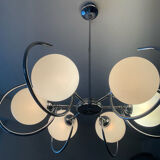 Art Deco chandelier with 6 lights in opaline glass and chrome metal.