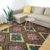 Tapis roumain vintage 330X176 cm tissé à la main dans la laine jaune et vert design géométrique