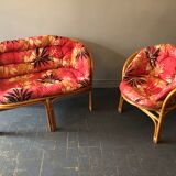 Bamboo and rattan bench and armchair