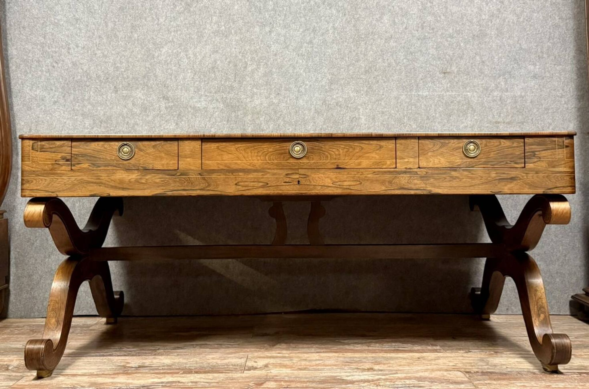Very large Charles X period center desk in rosewood and lemonwood