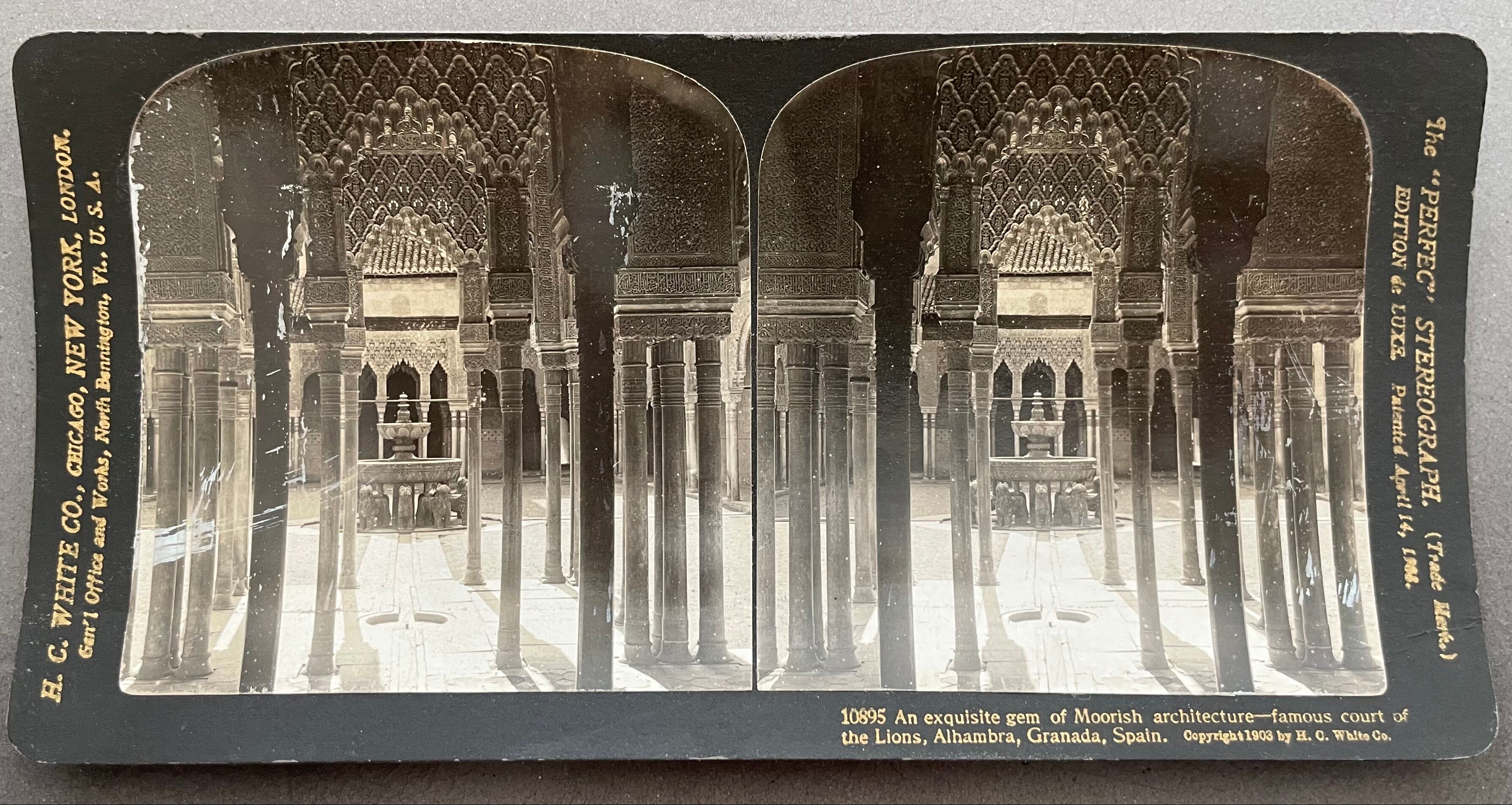 Old photography stereo, stereograph, luxury albumine 1903 Court of lions, Granada, Spain