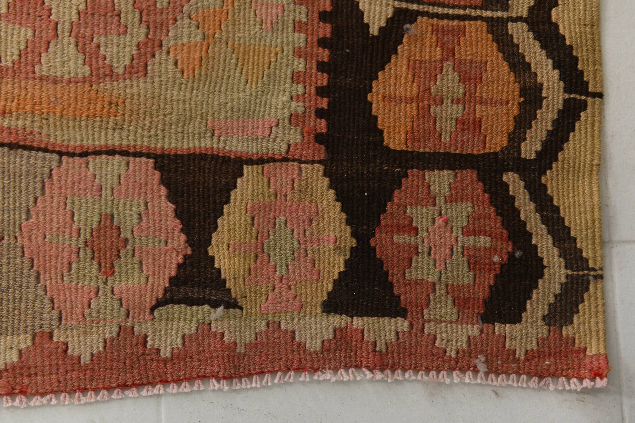 Turkish Vintage Kilim Rug: Shades Of Red Brown Handmade Wool Rug 160x417Cm