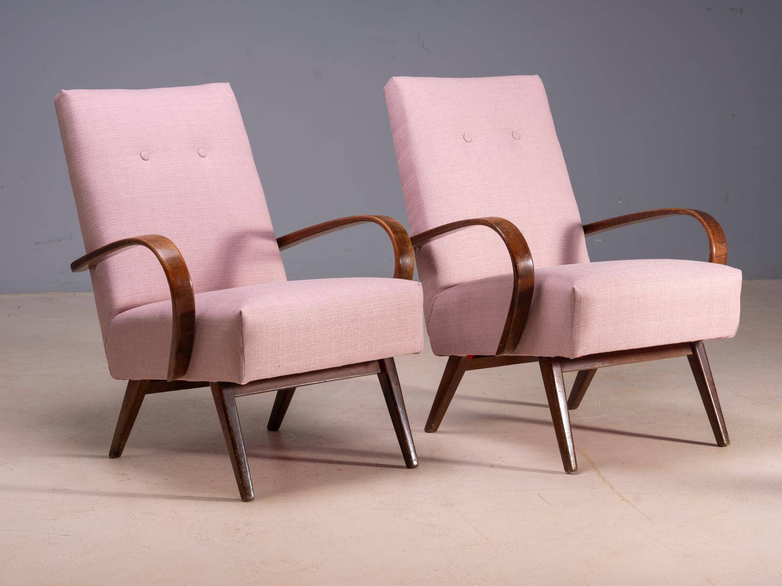 Restored bentwood armchairs by Jaroslav Šmídek, pair, Czechoslovakia, new pink upholstery, 61 × 82 × 81 cm