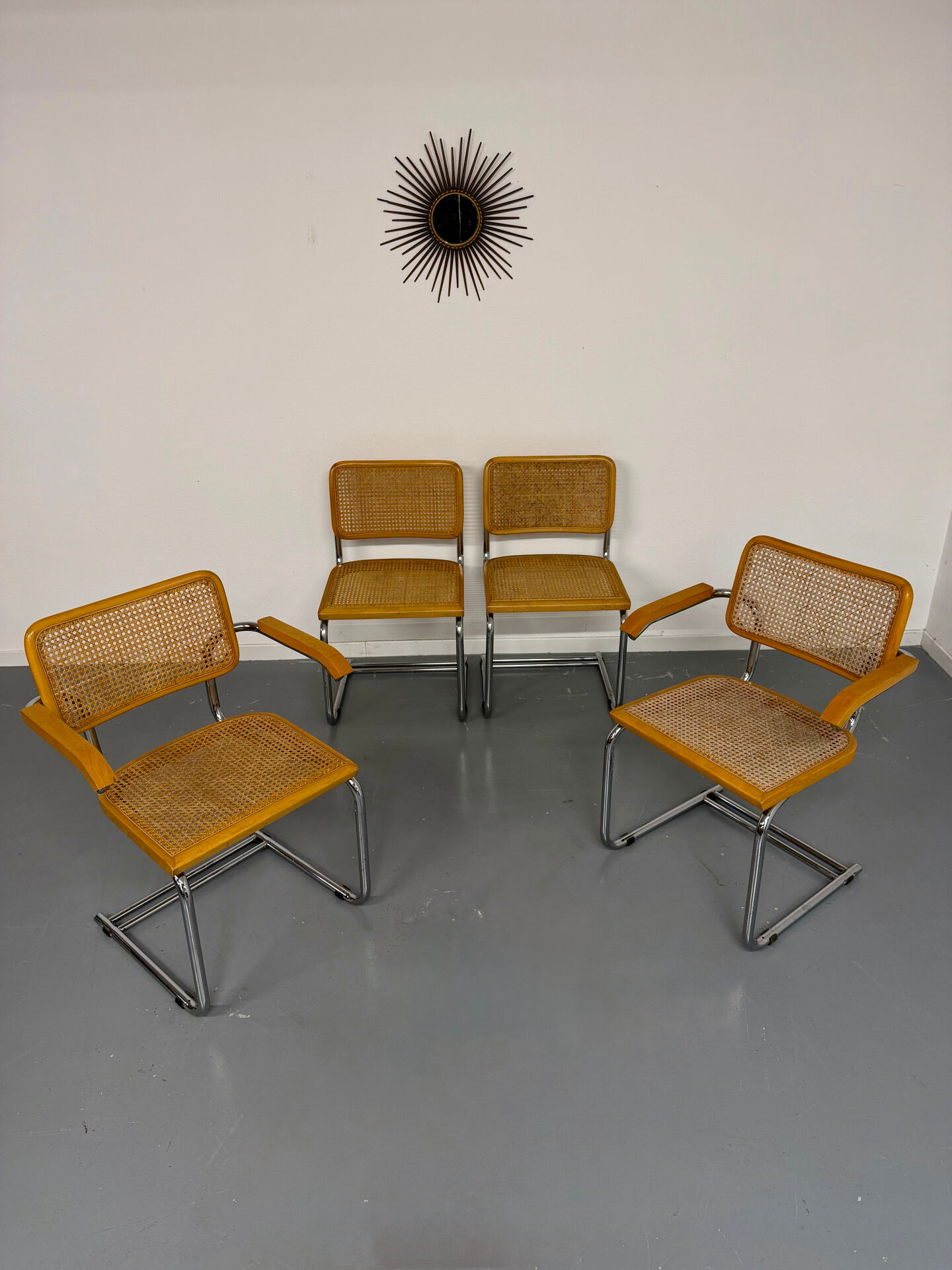 Set of 4 cane cantilever chairs and armchairs, Cesca, 1970s.