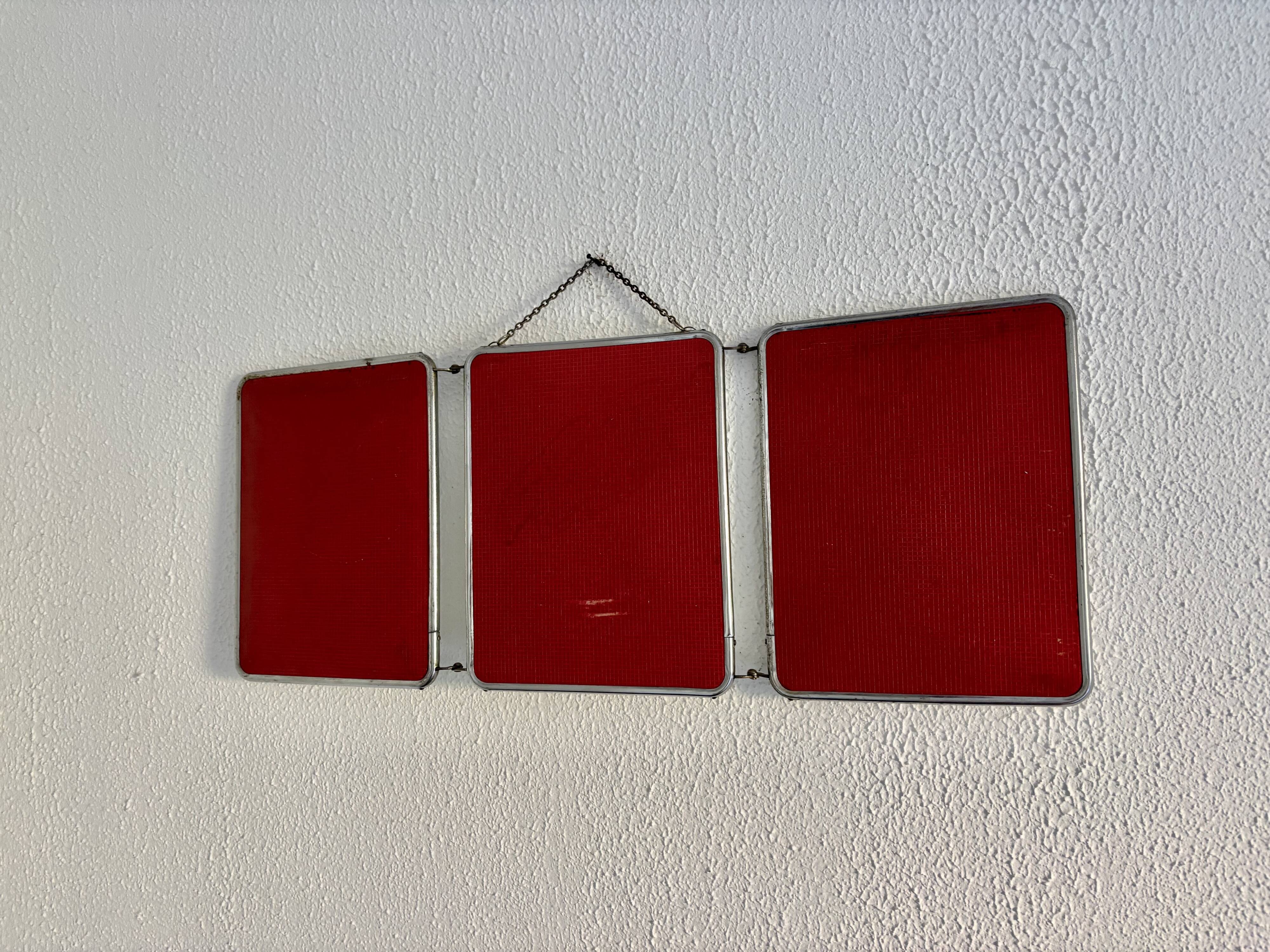 Miroir vintage 1960 triptyque barbier coiffeuse Arpin grenadine - 27 x 69 c