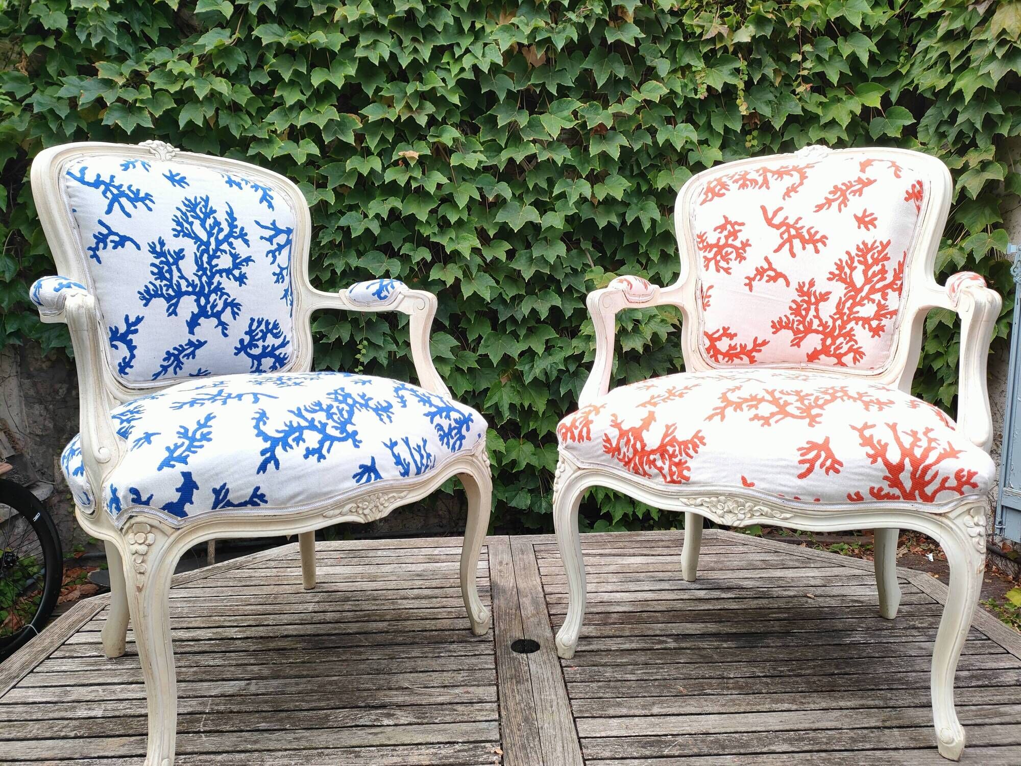 Pair of Louis XV style armchairs. New upholstery with "Coral" pattern.