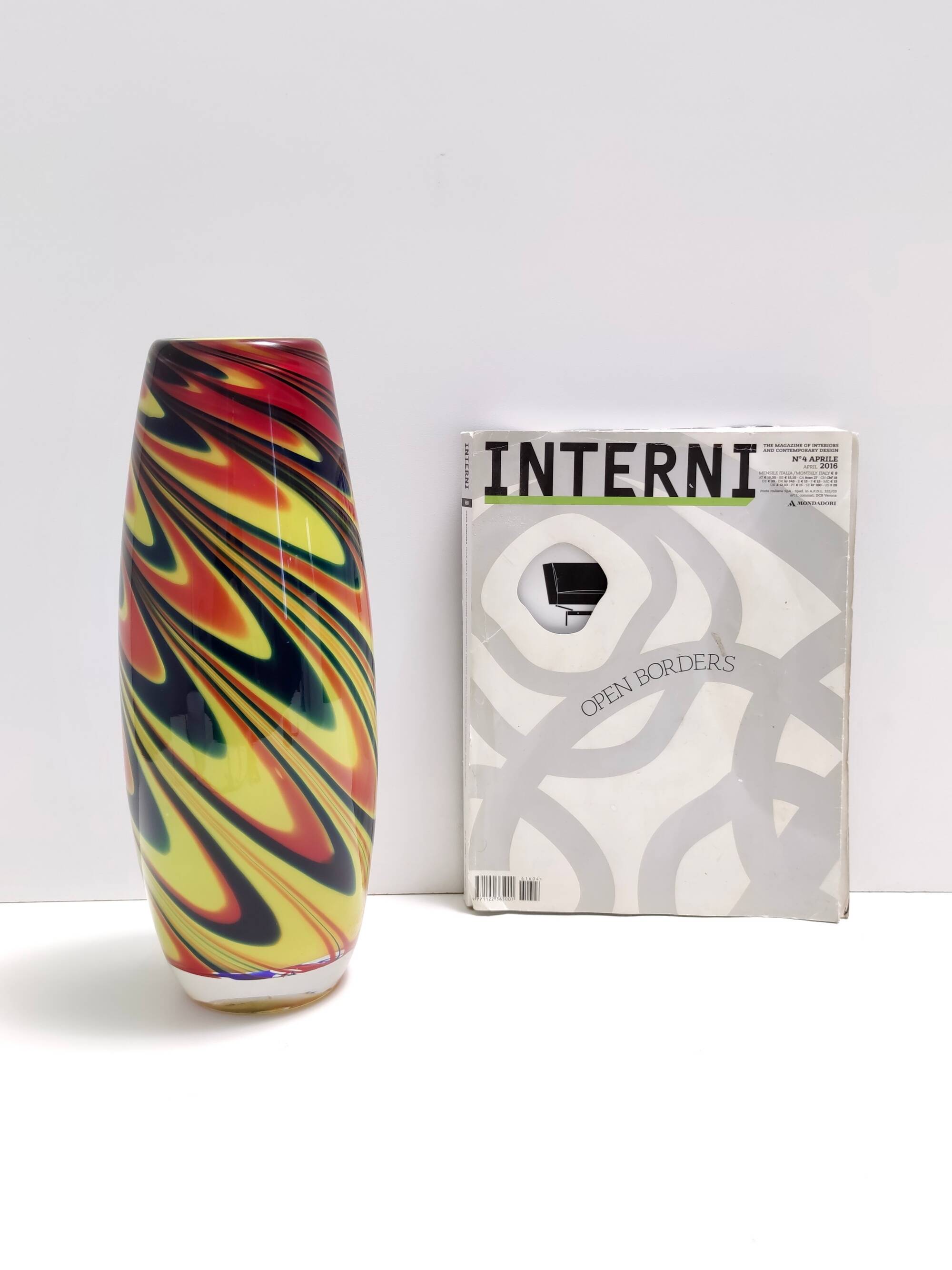 Black, Red and Yellow Encased Hand-Blown Murano Glass Flower Vase, Italy