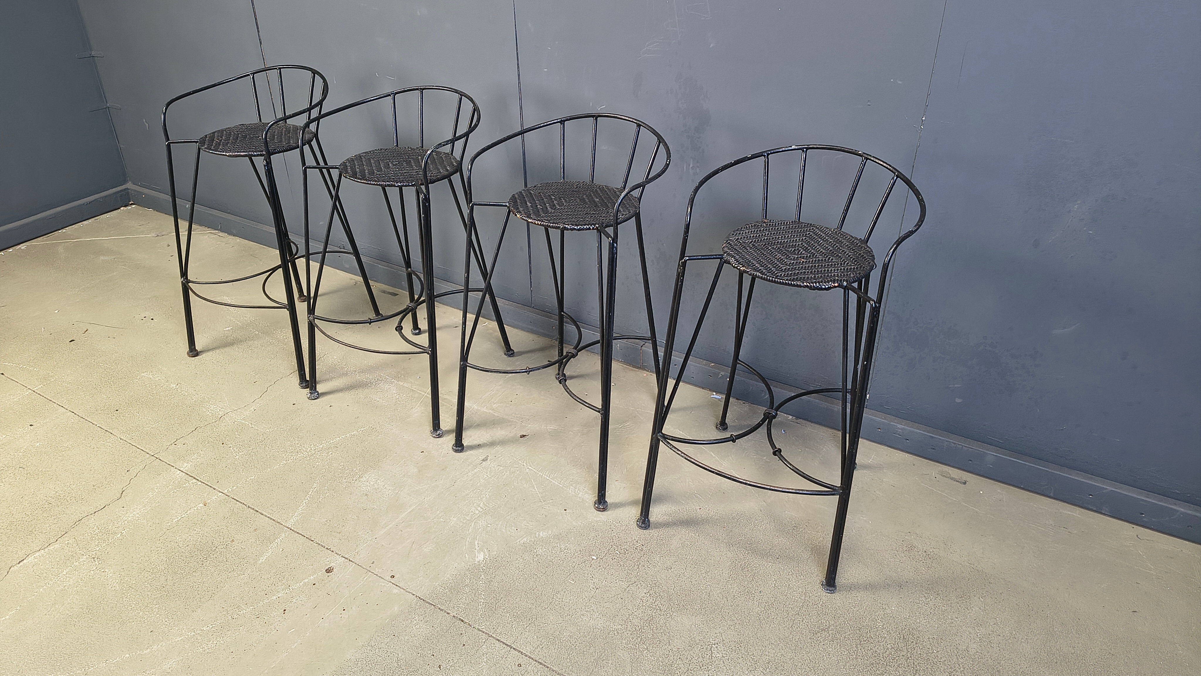 Tabourets de bar vintage en fer forgé et rotin, ensemble de 4 - années 1970