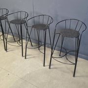 Tabourets de bar vintage en fer forgé et rotin, ensemble de 4 - années 1970
