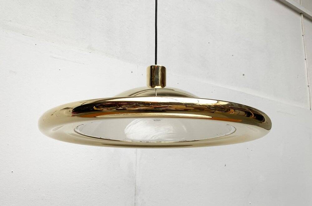 Postmodern Italian vintage brass suspension UFO model S-481 by Luci Italia, 1970s.