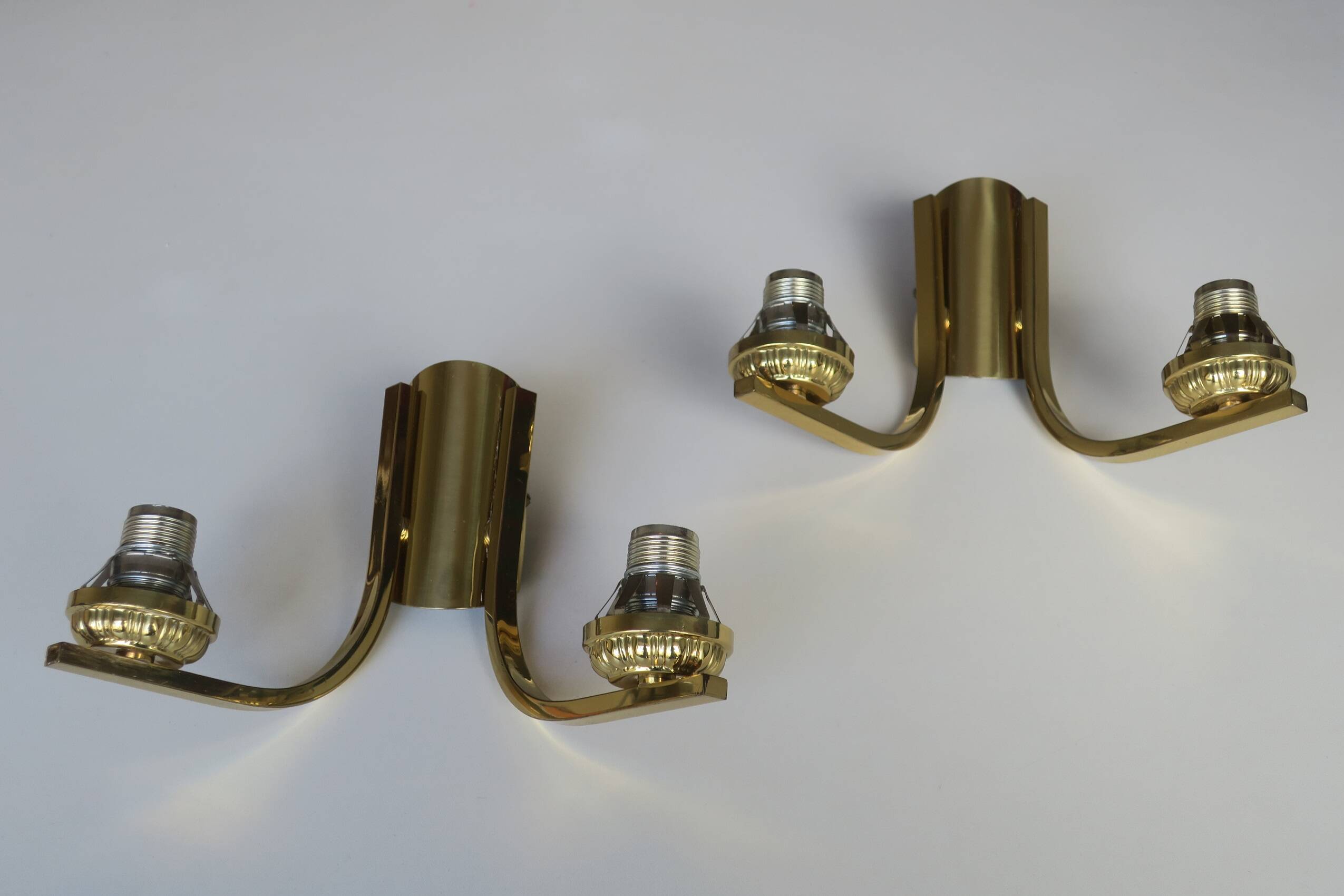 Vintage pair of brass and glass double wall lights, 1970s