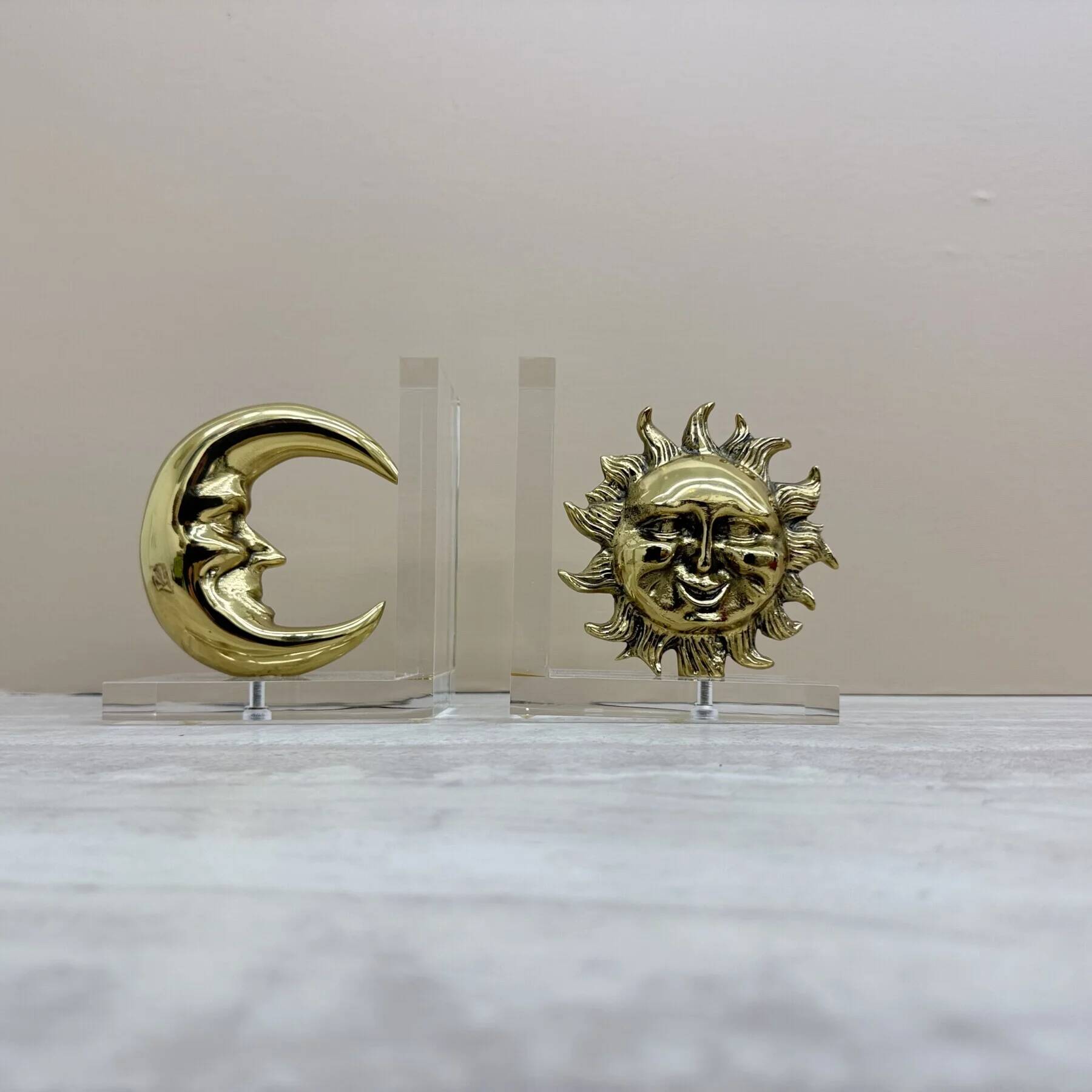 Vintage bookends sun and moon lucite and brass, 1970s