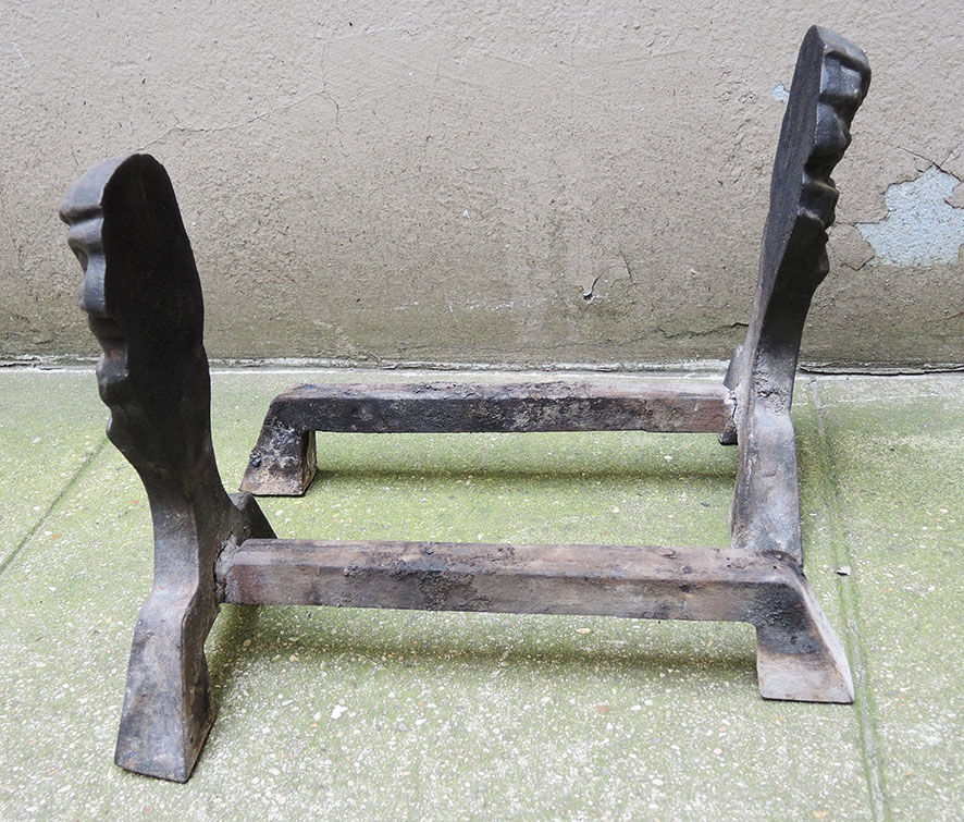 Old Cast Iron Chenets Profile of Man with Collerette