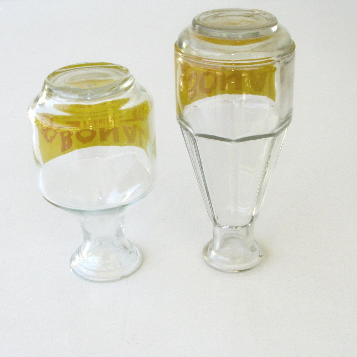 2 old glass decanters advertising bonal aperitif - bar bistrot