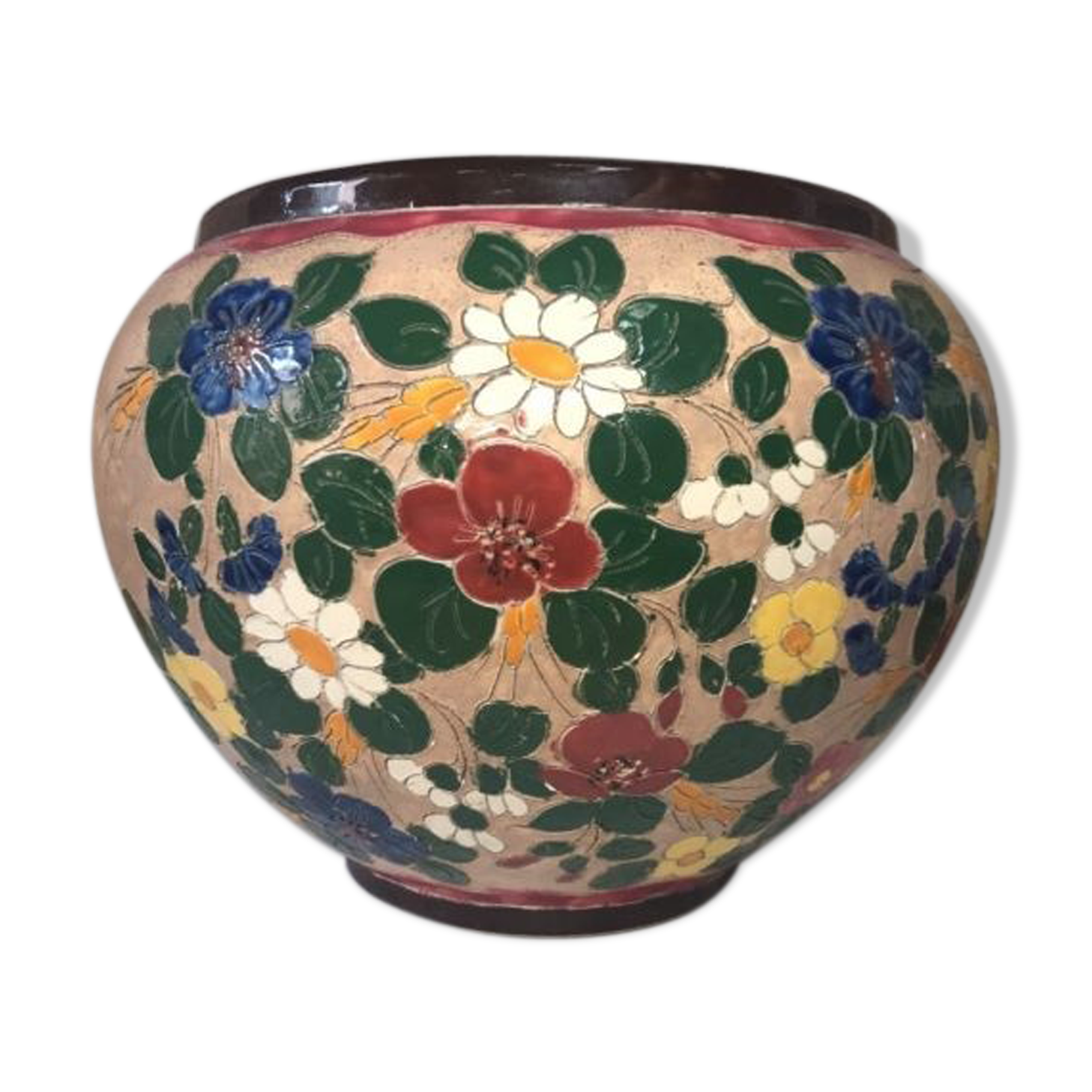 Cache pot floral decoration signed J. Massier Vallauris vintage