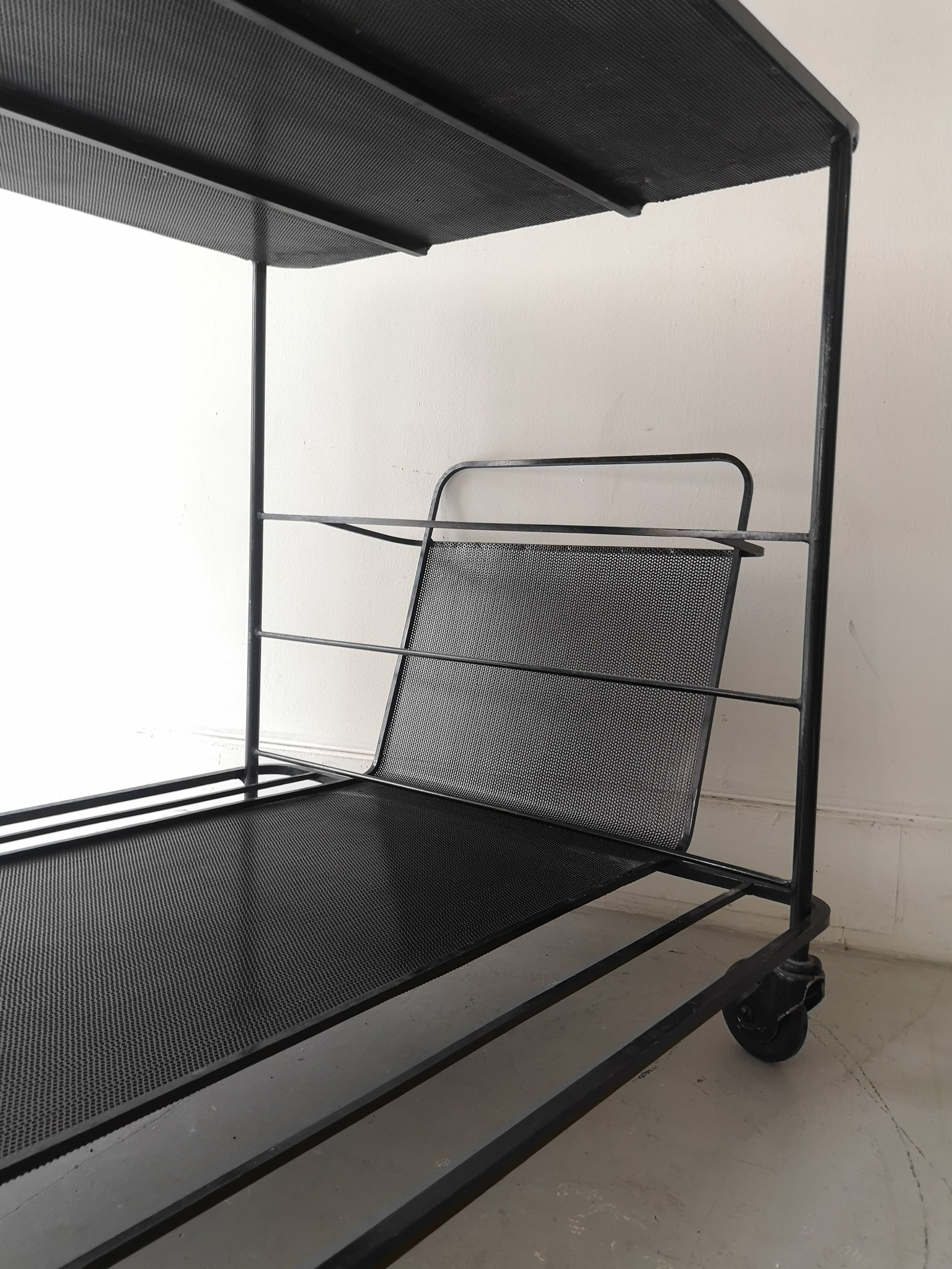 Perforated black metal trolley service, Matégot 1950 design