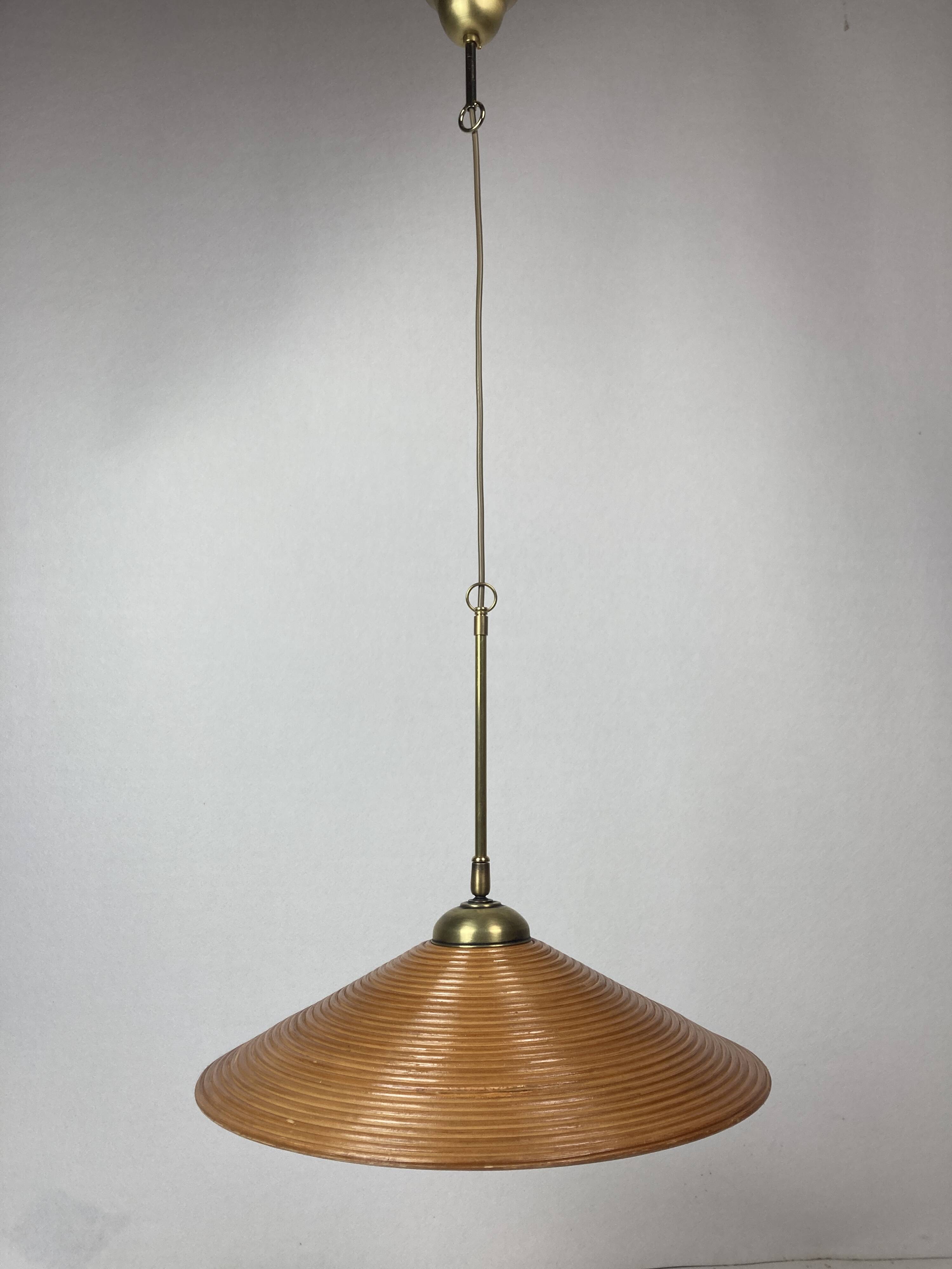 Lampe à Suspension Pencil Split Reed, Rotin, Bambou et Laiton, Italie, années 1970