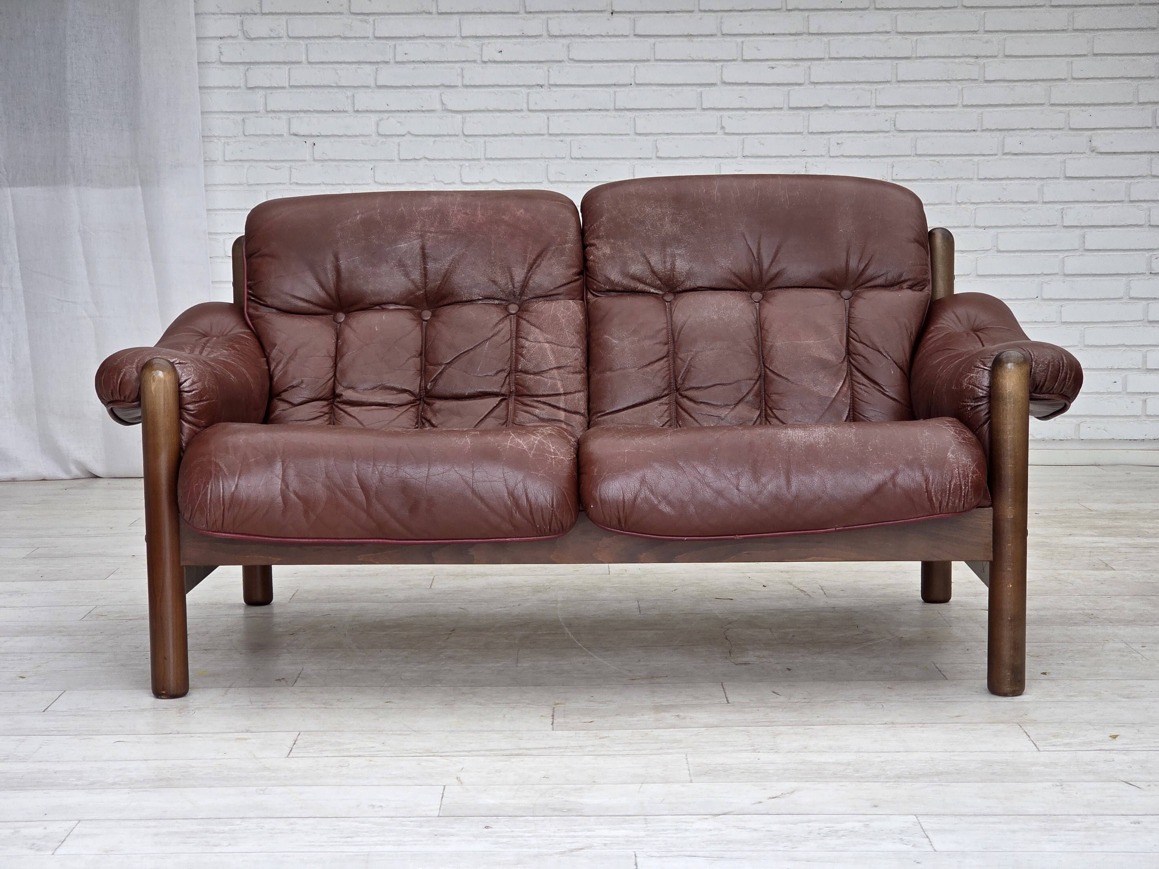 1970s, 2-seater Swedish sofa, brown leather with patina, dark beech wood.