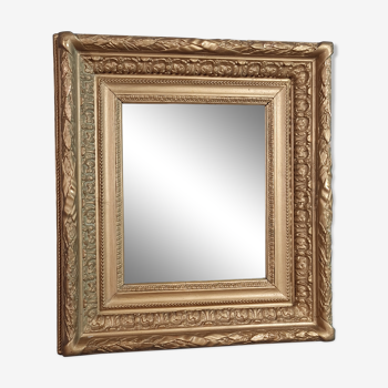 Miroir et cadre ancien à clés bois stuc doré 44,5x40 cm, feuillure 28,5x23,5 cm