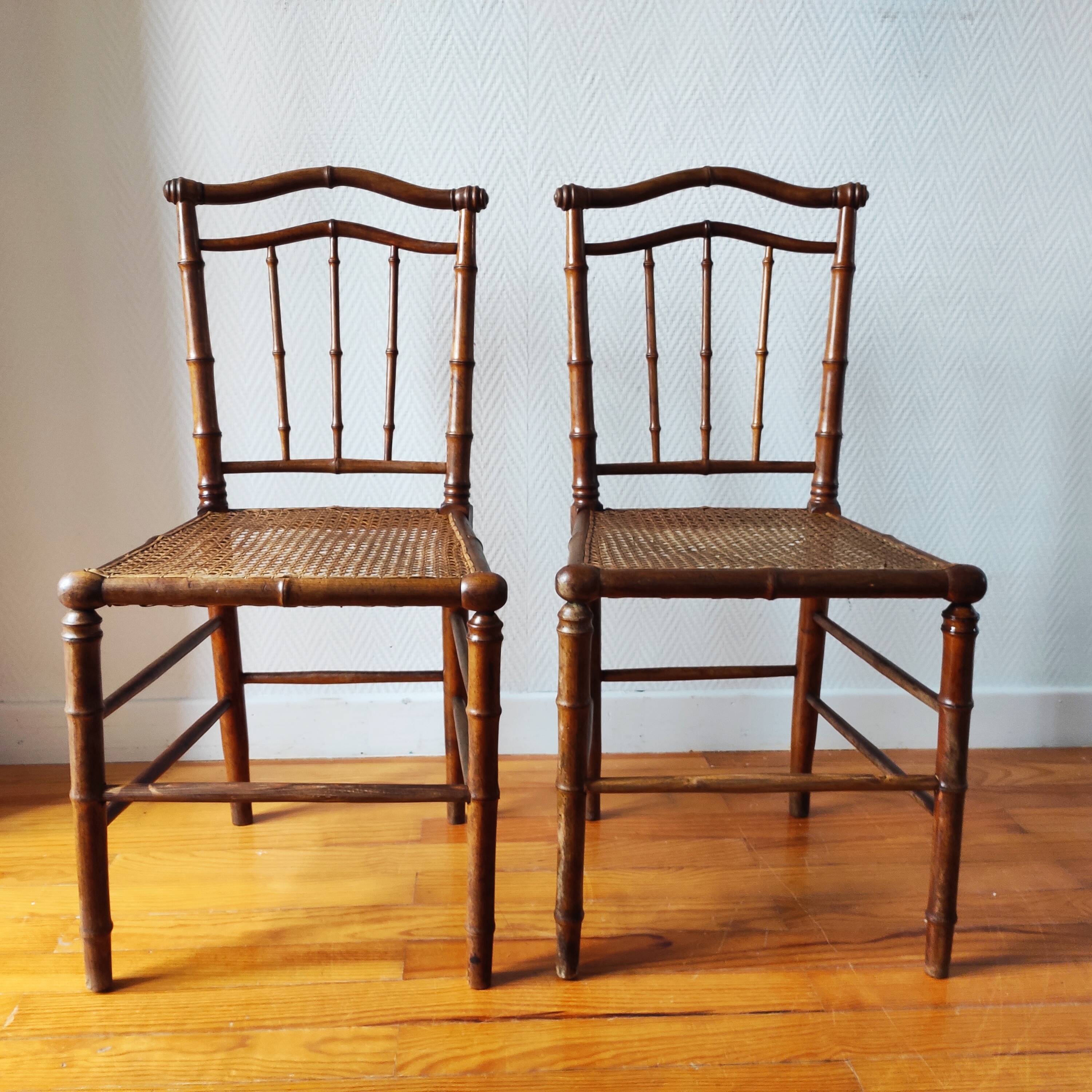Pair of turned wood and cane chairs