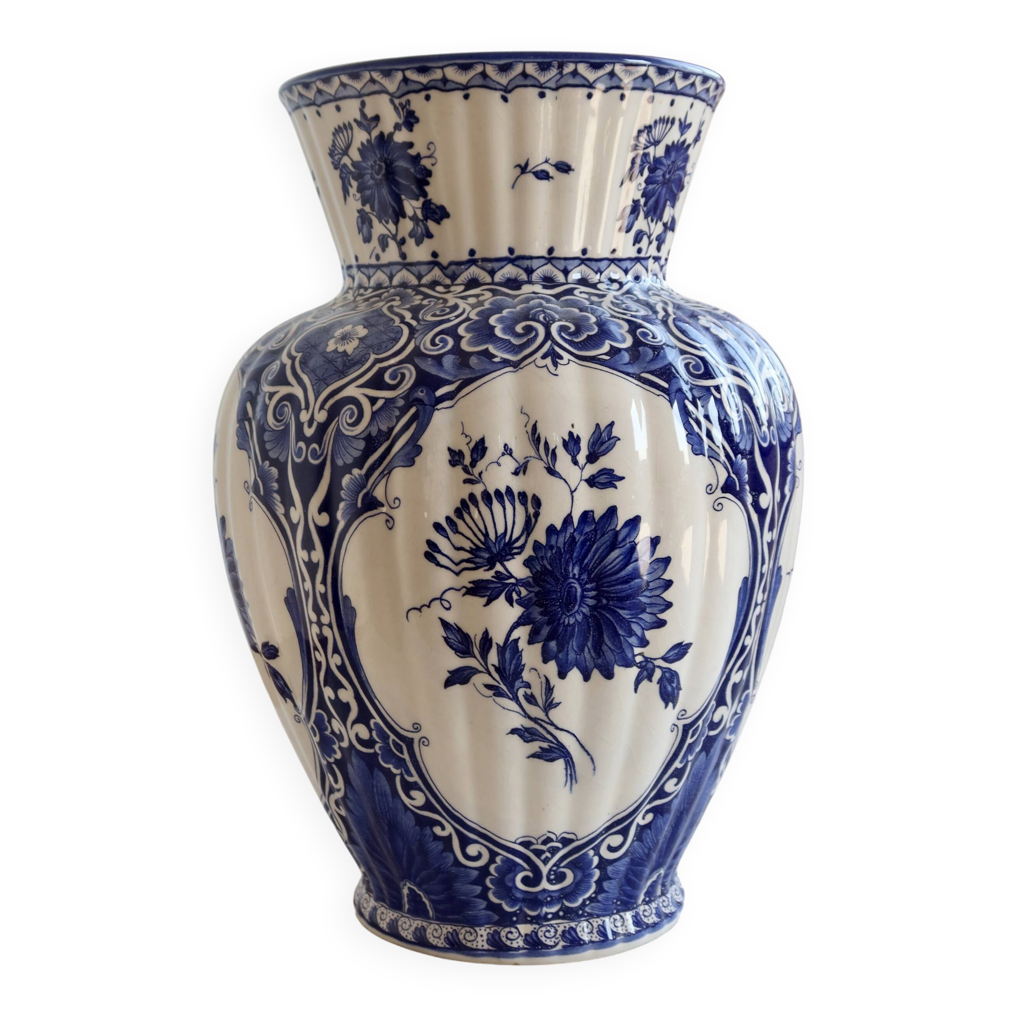 Vintage faience large vase - Blue and white Delft style - Floral decoration