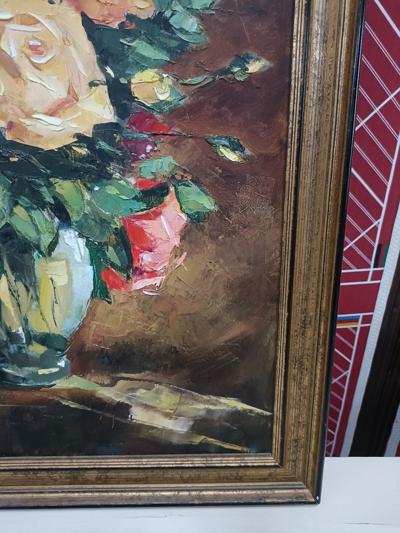 Painting on canvas with a knife, vase and cut flowers, Léon Gasser dit Mas