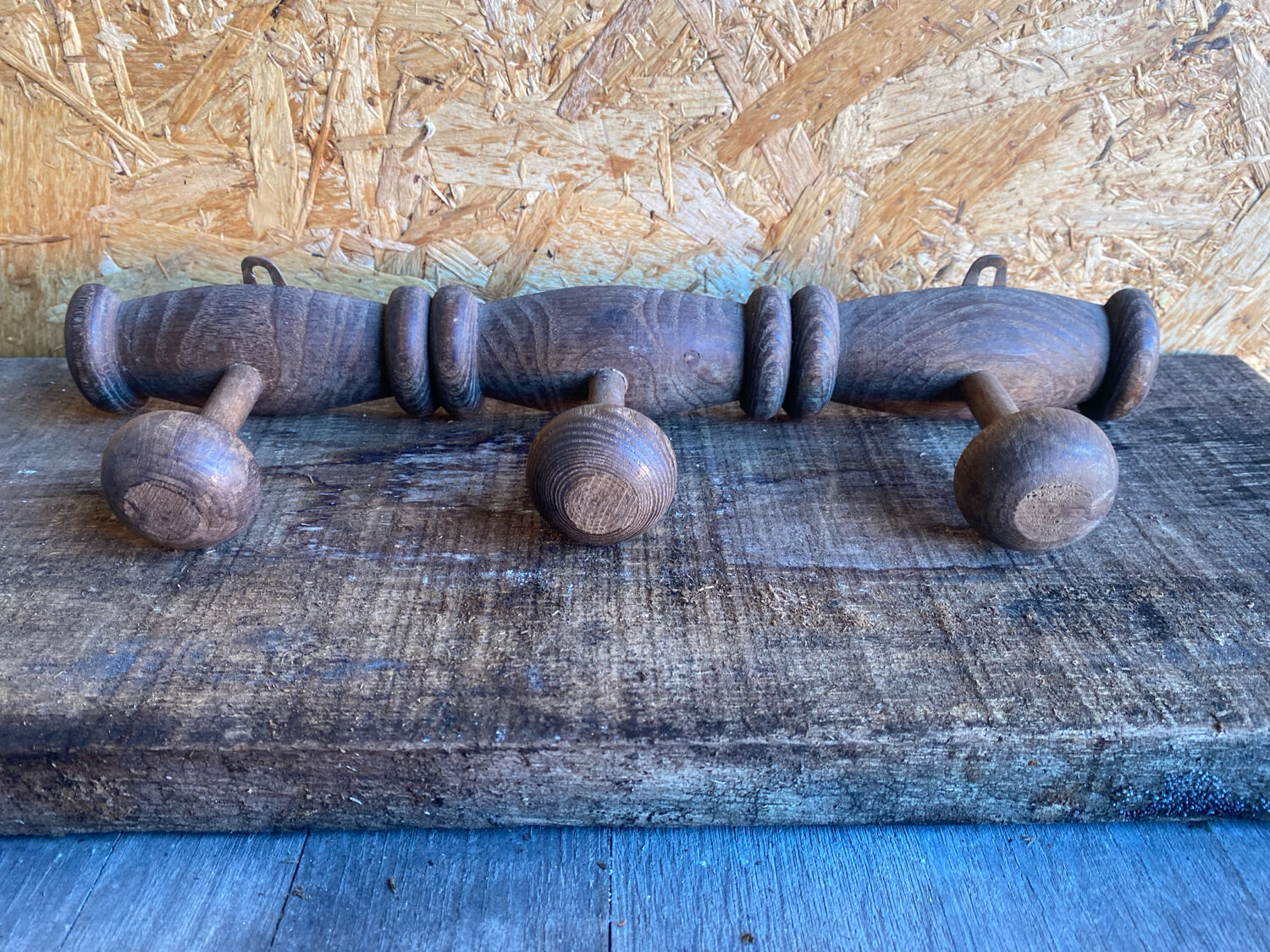 Vintage Wall Coat Rack x3 Wooden 1960s #D885