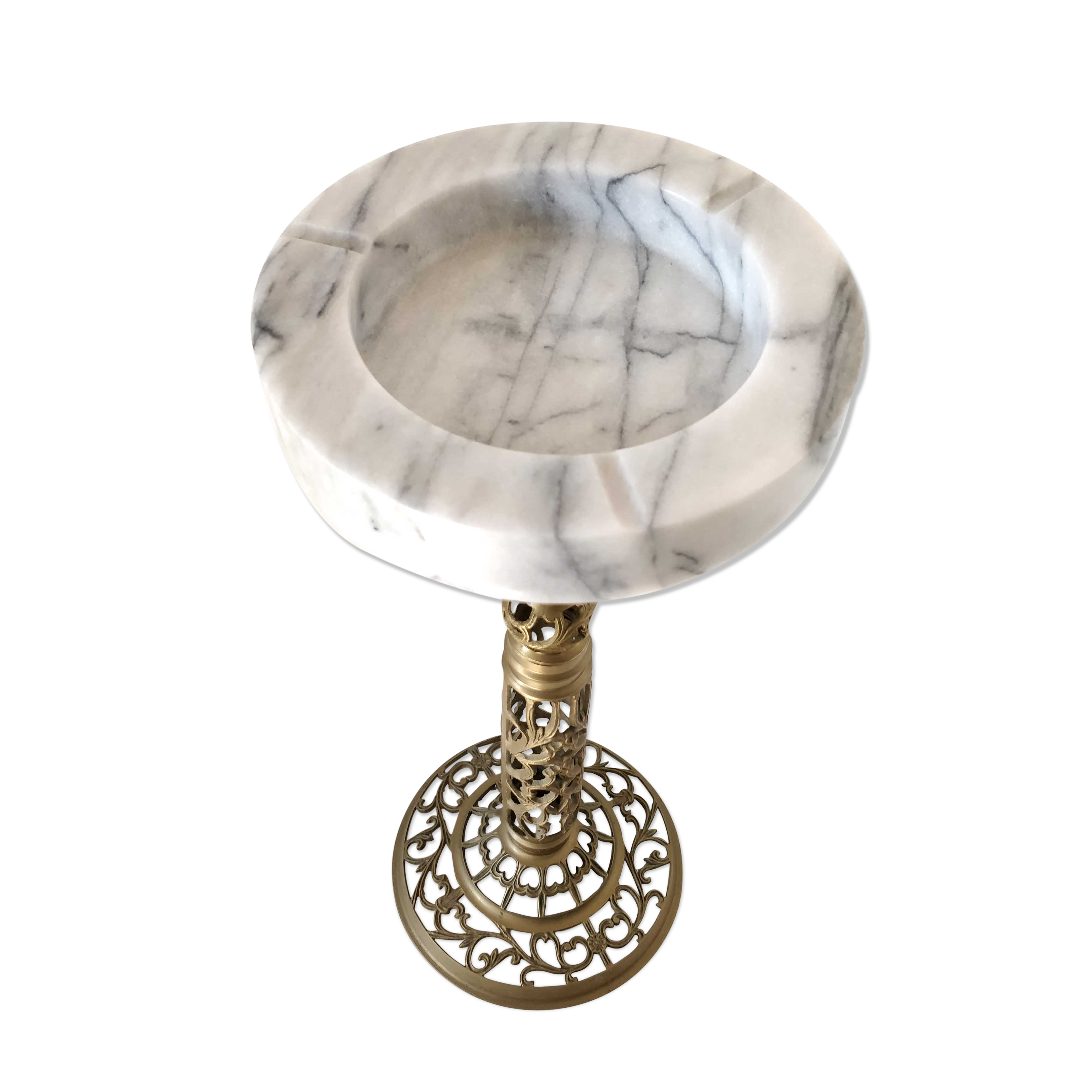 White marble ashtray on brass stand