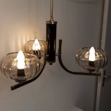 See Delmas chandelier, 3 arms, black and gold, clear glass, 1960