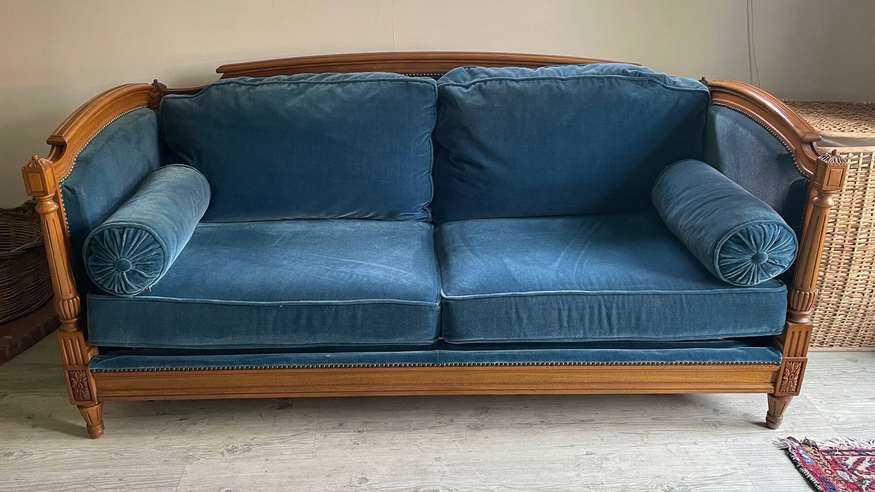 Jean Roche Vintage Wood and Velvet Sofa