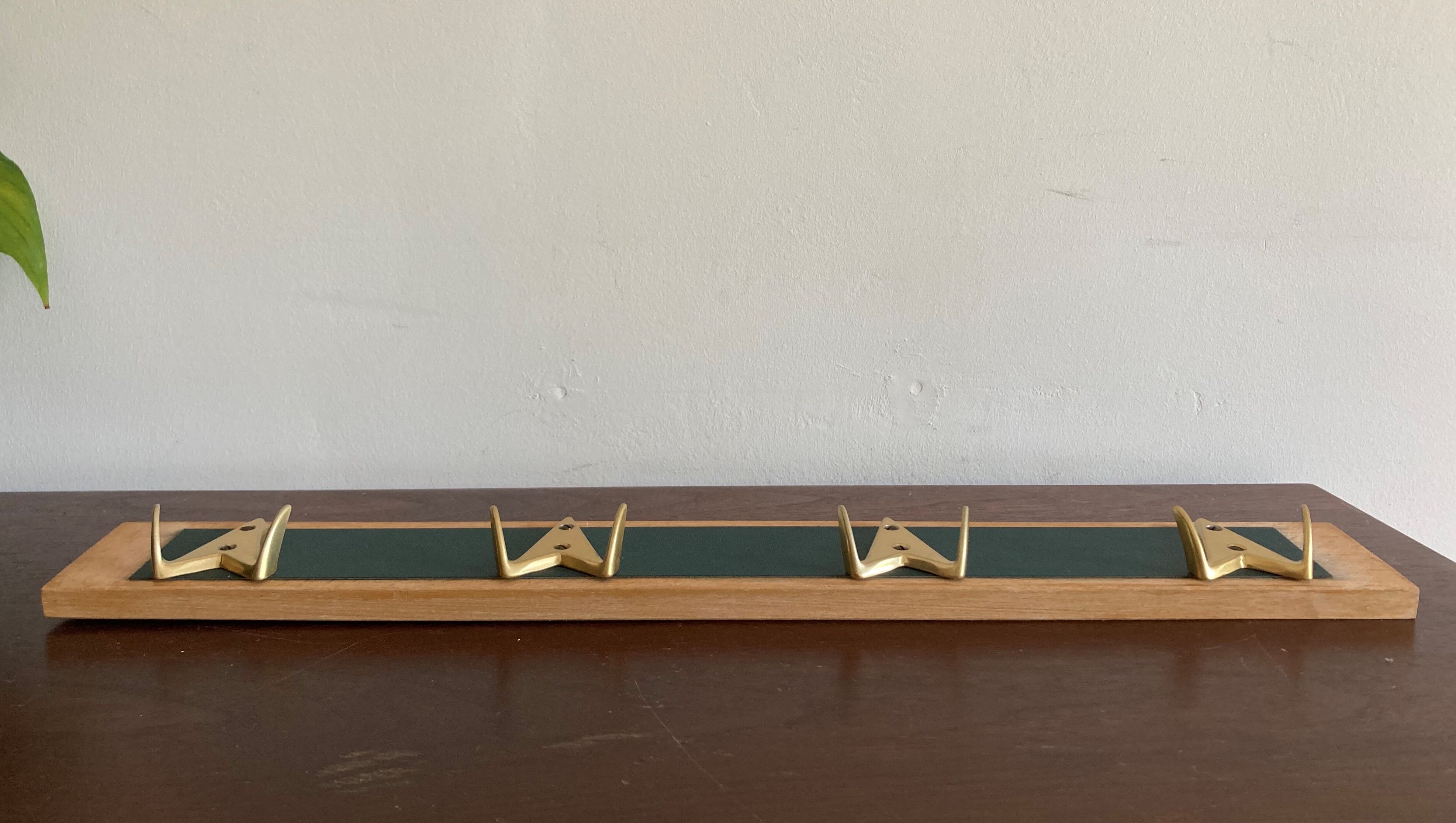 70s wall coat rack with brass hooks