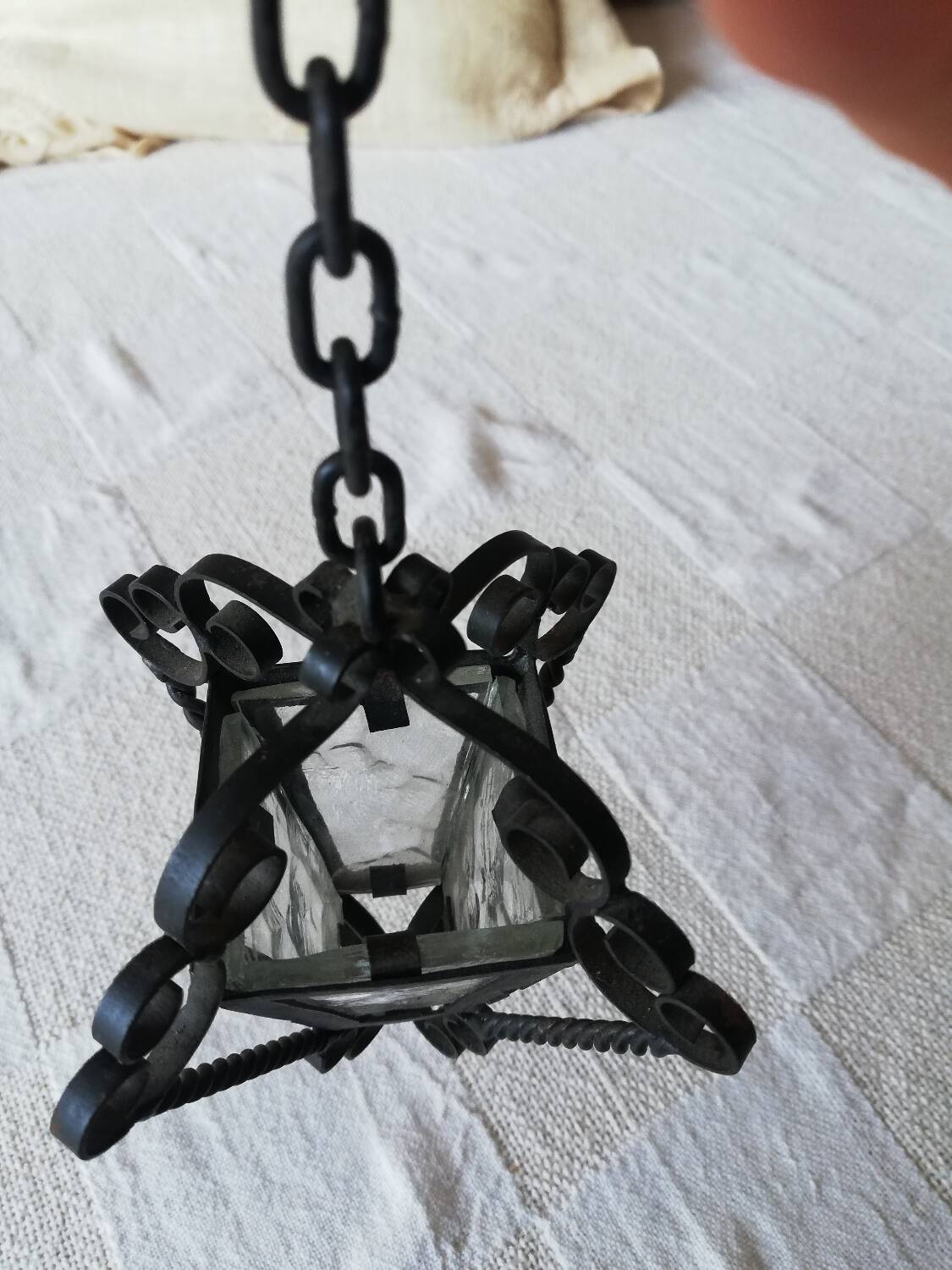 Small vintage wrought iron and glass lantern for dollhouse
