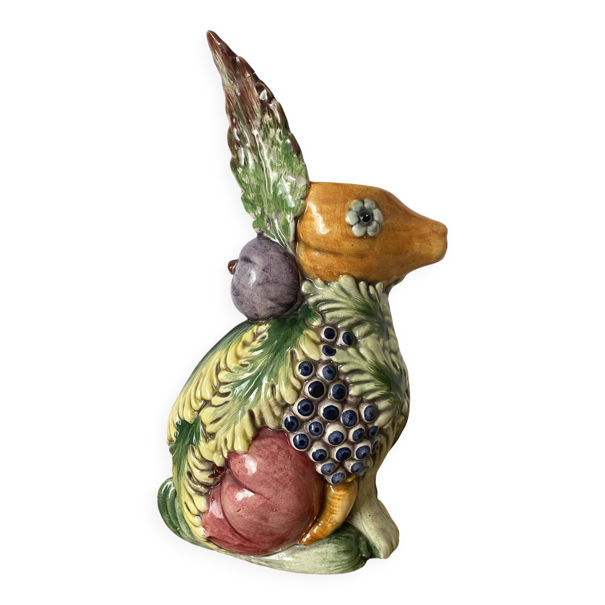 Italian barbotine pitcher Rabbit and fruits