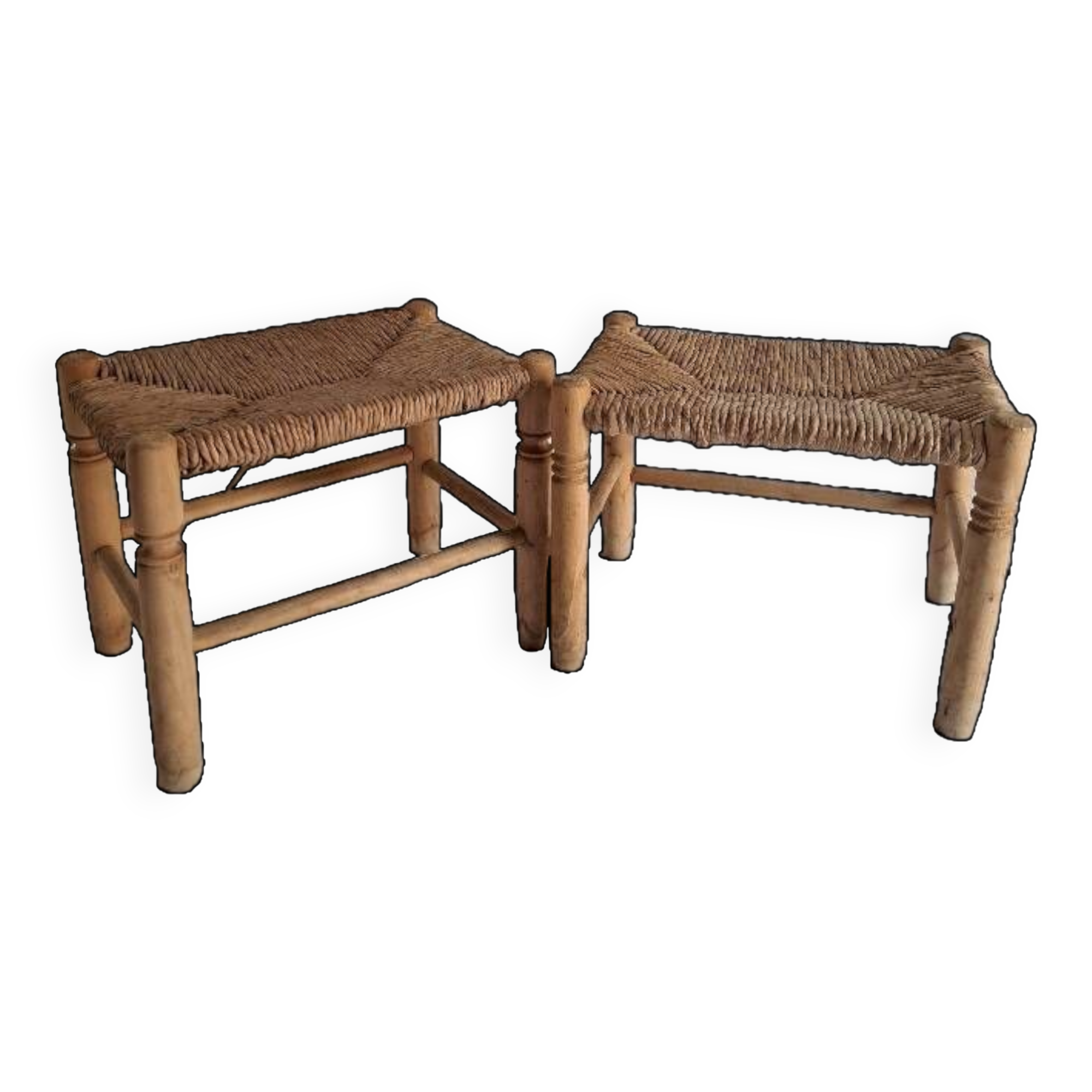 Set of 2 wood and straw stools