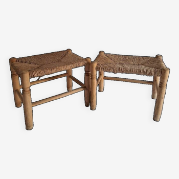 Set of 2 wood and straw stools