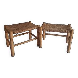 Set of 2 wood and straw stools