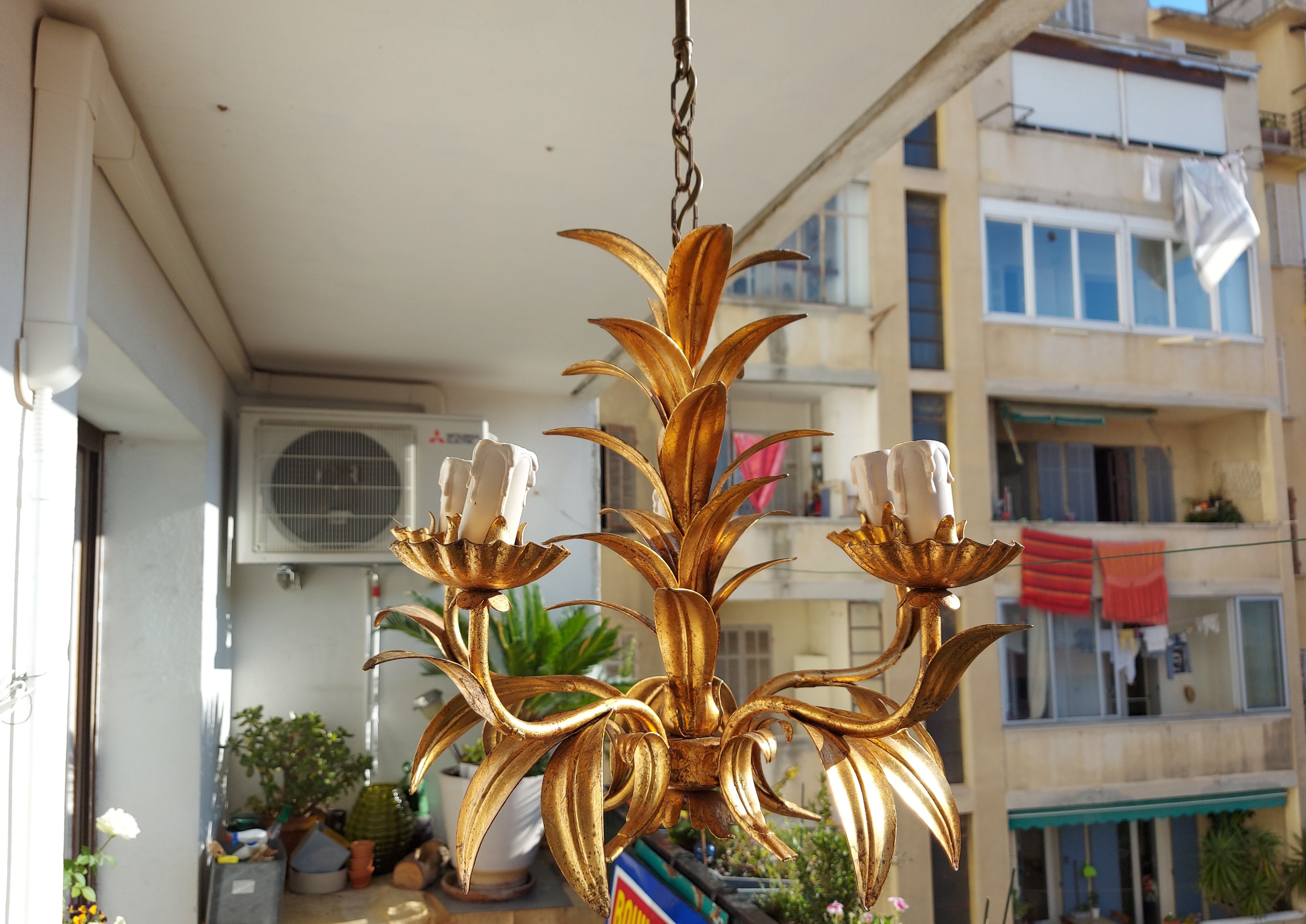 Chandelier gilded metal leaves by Hans Kogl, 1970's