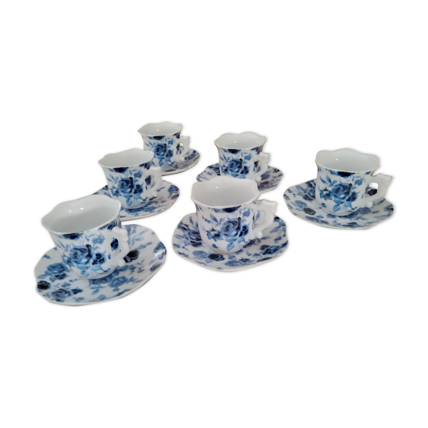 Set of 6 coffee cups and 6 sub-cups in white earthenware blue floral décor