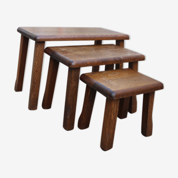 Set de 3 tables gigognes brutaliste, Pays Bas, 1960, bois massif