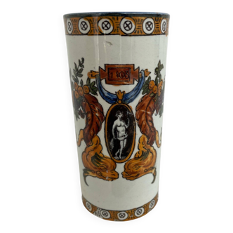 Glazed earthenware vase, Gien, Italian Renaissance decor, Chimeras, 19th century, white background, ma