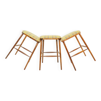 Set of 3 natural wood yellow wool bar stools