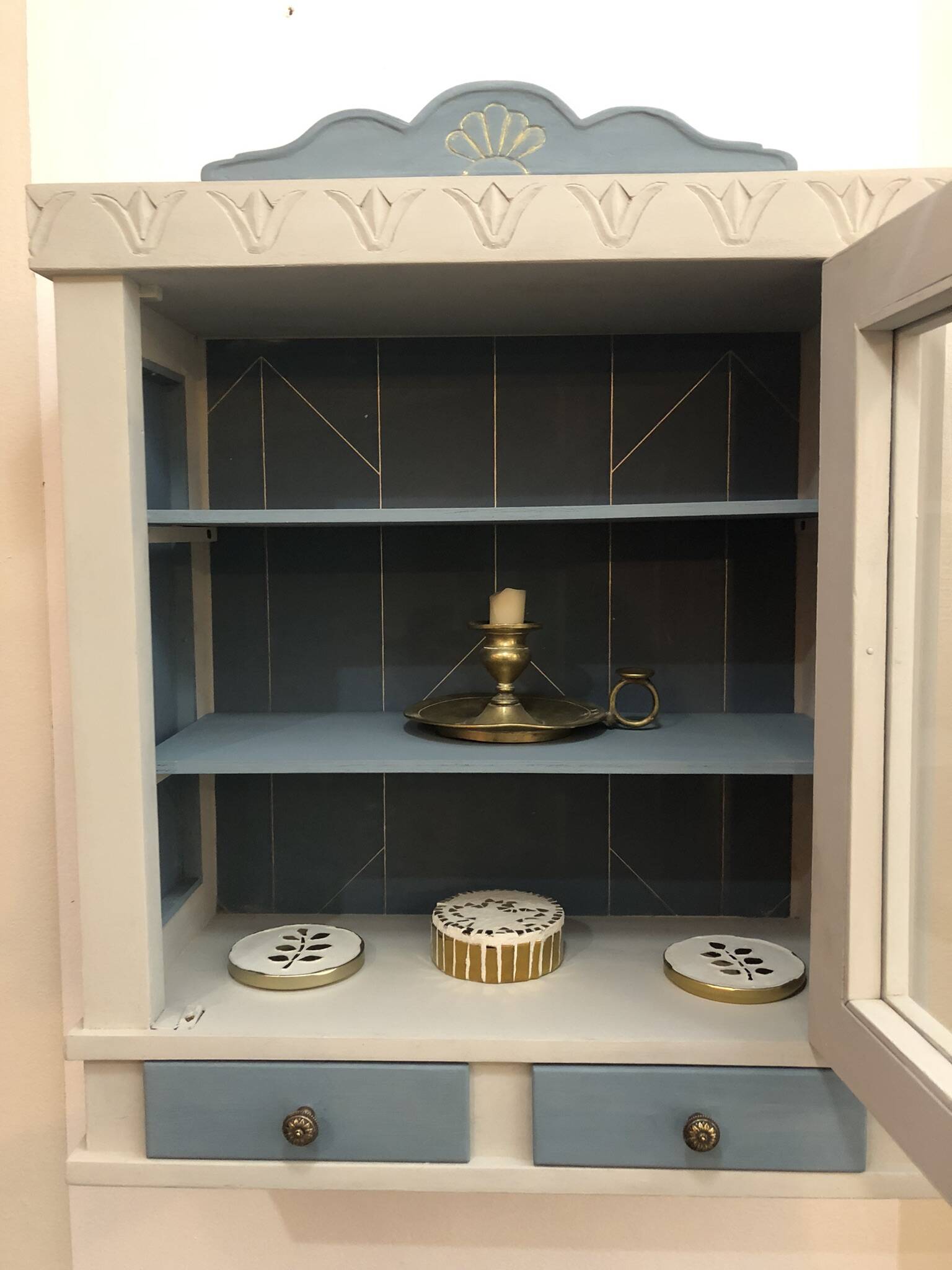 Blue wooden bookshelf